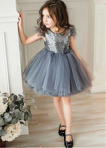 Shop Cheap Sequin Lace & Tulle Jewel Silver Knee-length Ball Gown Flower Girl Dress With Feather 