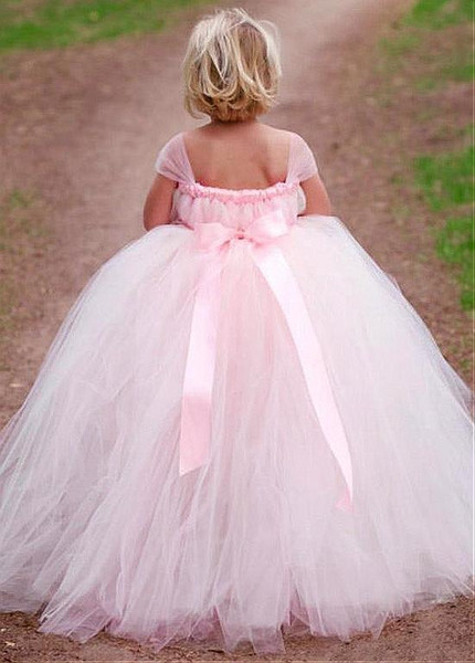 Shop Cheap Tulle & Satin Square Pink Ball Gown Flower Girl Dresses With Belt