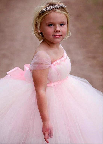 Shop Cheap Tulle & Satin Square Pink Ball Gown Flower Girl Dresses With Belt