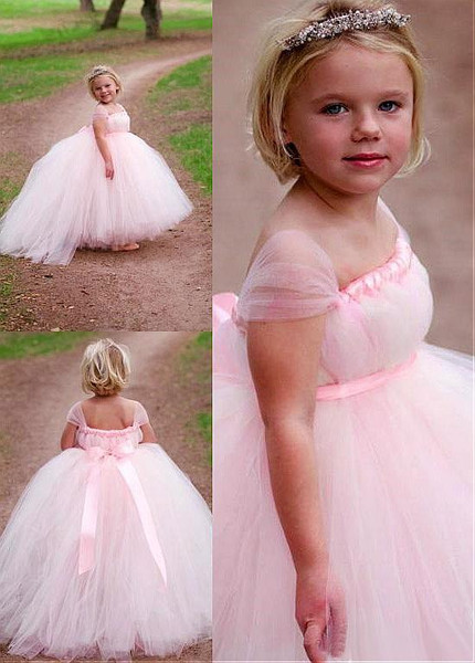 Shop Cheap Tulle & Satin Square Pink Ball Gown Flower Girl Dresses With Belt