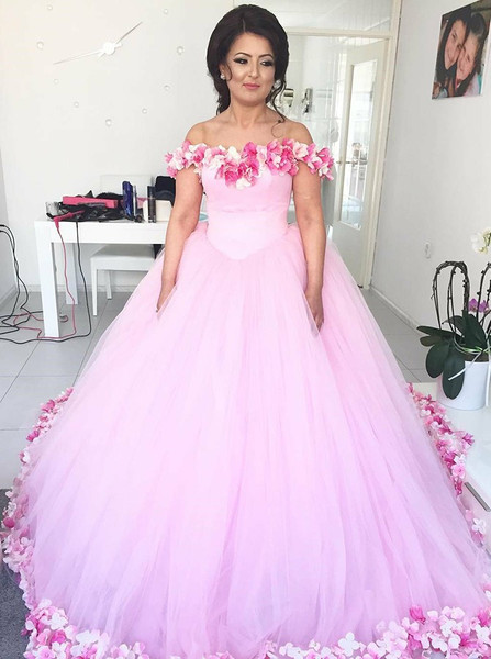 Shop Cheap  Pink Tulle Ball Gown Off-the-Shoulder Quinceanera Dress with Flowers