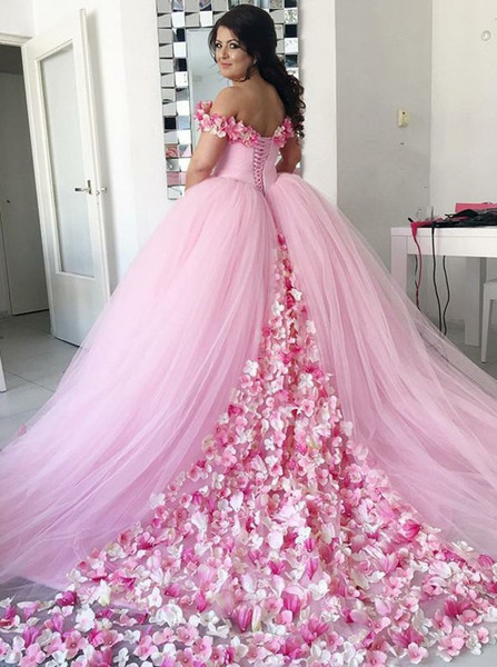 Shop Cheap  Pink Tulle Ball Gown Off-the-Shoulder Quinceanera Dress with Flowers