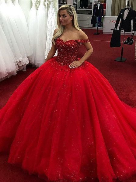 Shop Cheap  Red Tulle Ball Gown Off-the-Shoulder Quinceanera Dress with Rhinestones