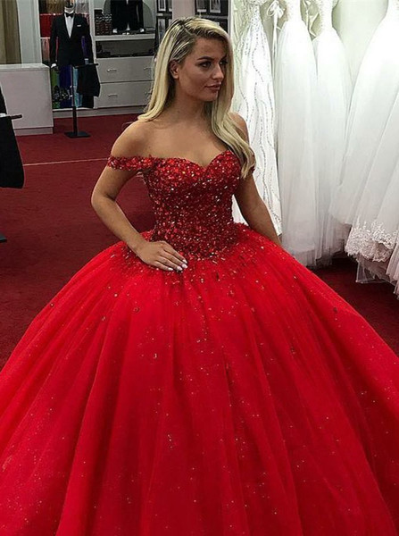 red off the shoulder quinceanera dress