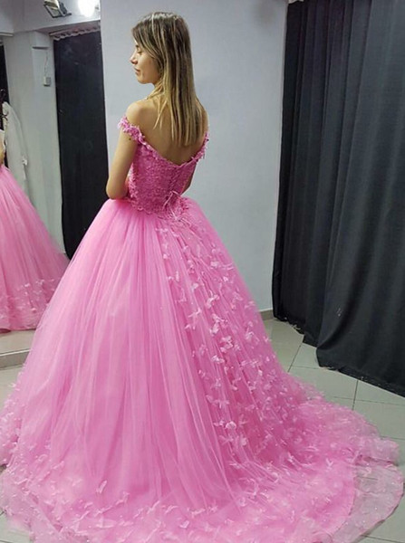 Shop Cheap Lilac Tulle Appliques Ball Gown Off-the-Shoulder Quinceanera Dress with Flowers