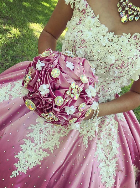 Shop Cheap Rose Pink Satin Ball Gown Off-the-Shoulder Quinceanera Dress with Appliques