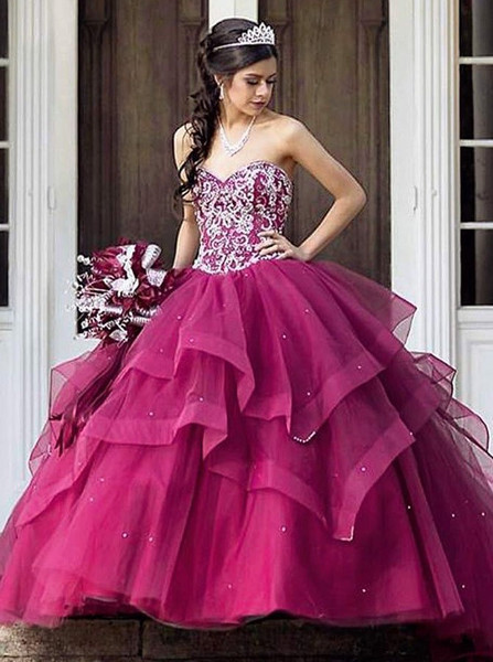 Shop Cheap Tiered Fuchsia Tulle Ball Gown Sweetheart Quinceanera Dress with Beading