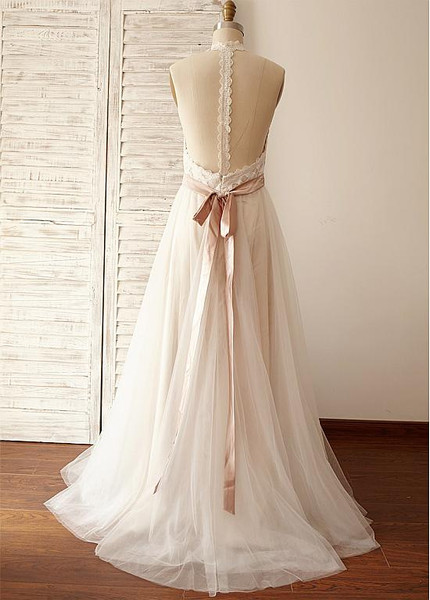 Shop Cheap Tulle Halter Belt A-line Wedding Dress With Lace