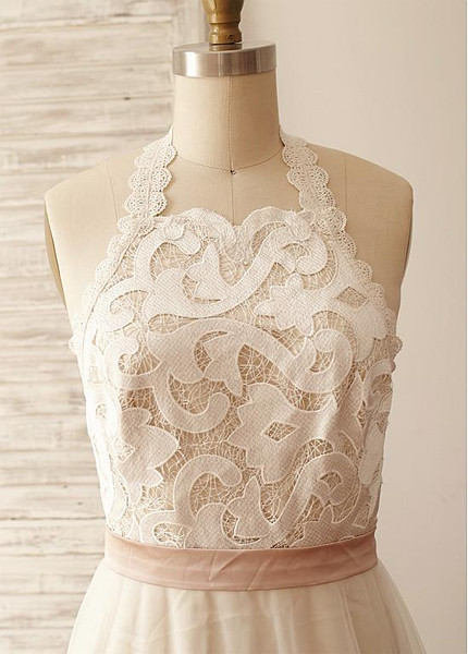 Shop Cheap Tulle Halter Belt A-line Wedding Dress With Lace