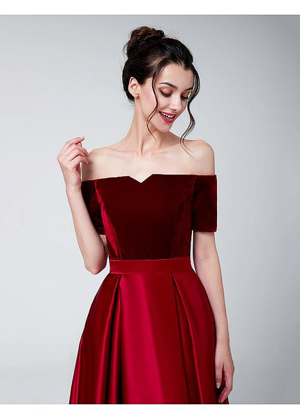 Shop Cheap Short Sleeves Red Satin Off The Shoulder Long  A-line Prom Dresses