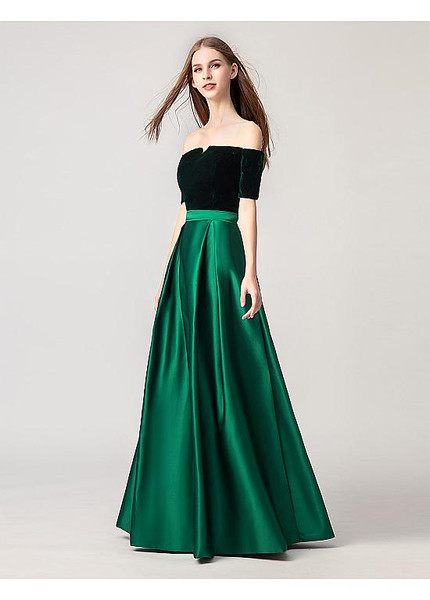 Shop Cheap Short Sleeves Red Satin Off The Shoulder Long  A-line Prom Dresses