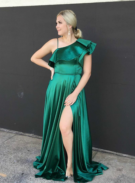 Shop Cheap Satin One Shoulder A-Line Green Long Prom Dress With Side Split