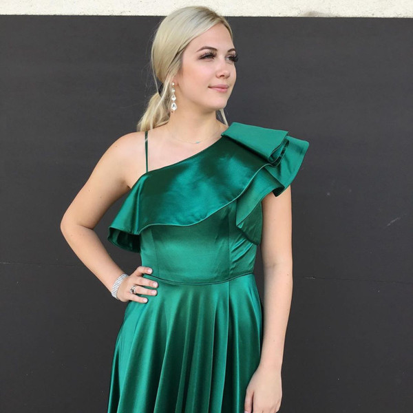 Shop Cheap Satin One Shoulder A-Line Green Long Prom Dress With Side Split
