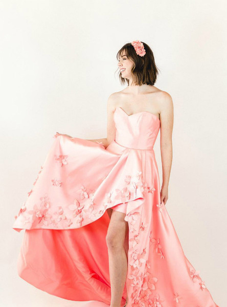 Shop Cheap High Low Satin Sweetheart Neck Flower A-Line Pink Prom Dress