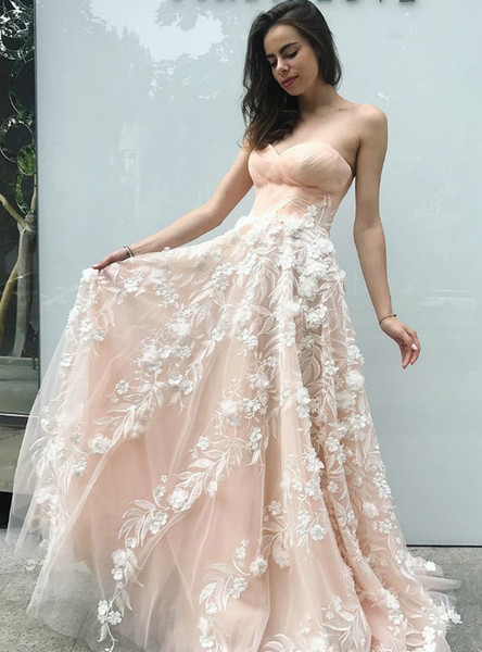 Buy New Arrival Light Pink Tulle Long A-Line Sweetheart Prom Dress with Flowers Under 200