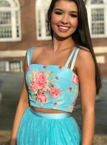 Buy Unique Floral Spaghetti Straps Lace Embroidery Blue Two Piece Prom Dress under 200