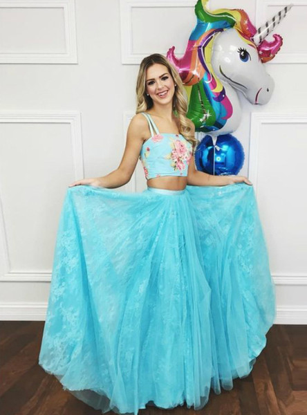 Buy Unique Floral Spaghetti Straps Lace Embroidery Blue Two Piece Prom Dress under 200
