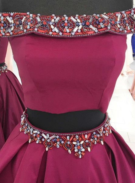 Shop Unique Crop Top Satin Off the Shoulder Beading Fuchsia Two Piece Prom Dress
