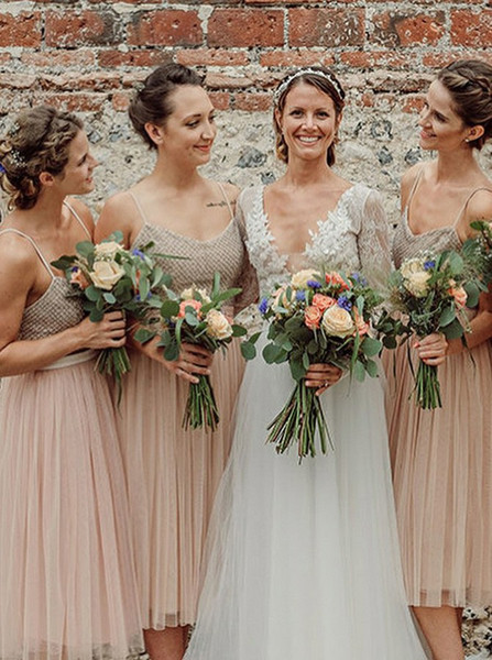 Cute Tea Length Pink Tulle Spaghetti Straps Bridesmaid Dress