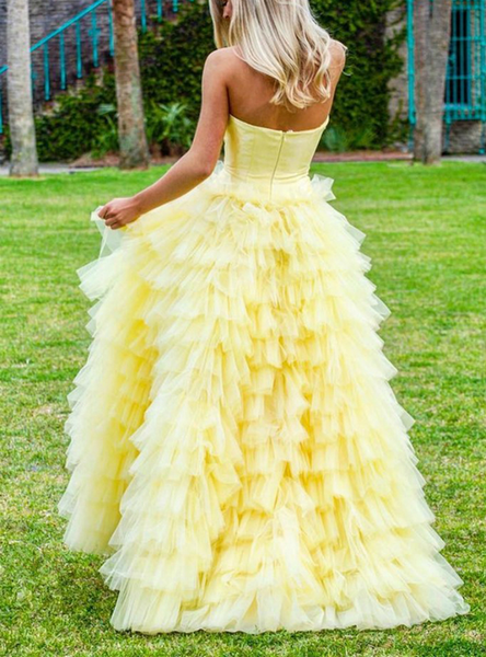 Buy New Tiered Floor Length Ball Gown Long Yellow Strapless Prom Dress under 200