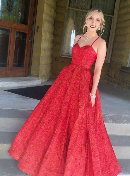 Shop Cheap Sexy Red Sequins Ball Gown Spaghetti Straps Long Prom Dress under 200