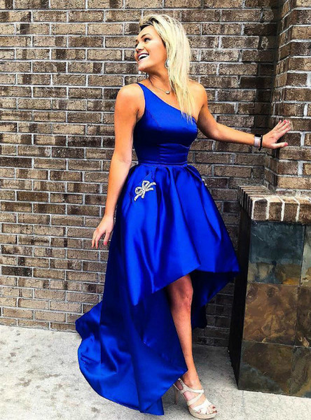 Shop Cheap One Shoulder With Pocket Royal Blue Satin Prom Dress under 100