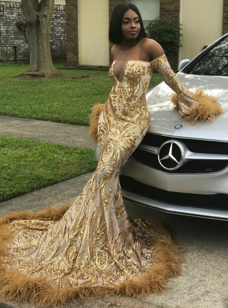 Shop Long Long Sleeves Feathers Chic Gold Appliques Off Shoulder Evening Dress