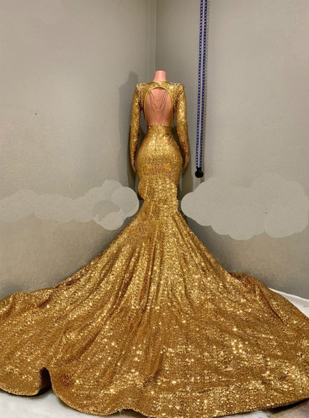 Shop Unique Long Sleeves Sparkle Sequined Mermaid Gold Prom Dress with Long Train under 200