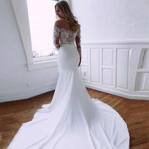 Shop Cheap Satin Long Sleeve White Mermaid Appliques Wedding Dress Under 200