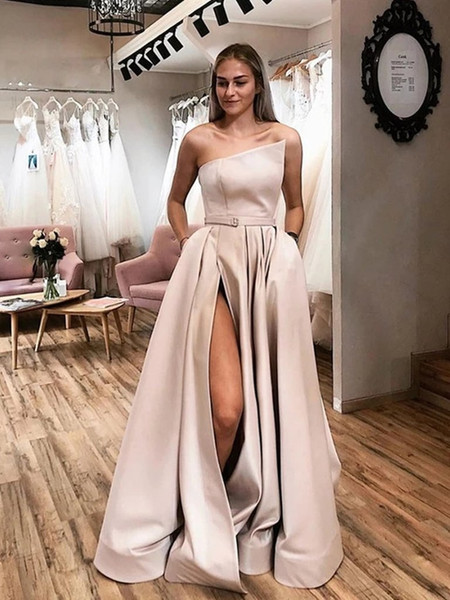 Shop Cheap Sexy Champagne Satin Long Prom Dress with High Slit under 150