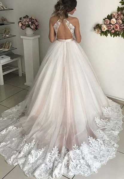 Shop Cheap Lace Appliques Deep V-neck Light Champagne Tulle Backless Wedding Dress Under 200
