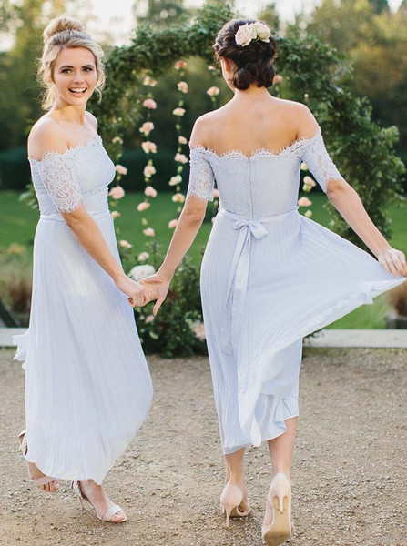 Half Sleeve Off-the-Shoulder Light Blue Pleated Chiffon Bridesmaid Dress
