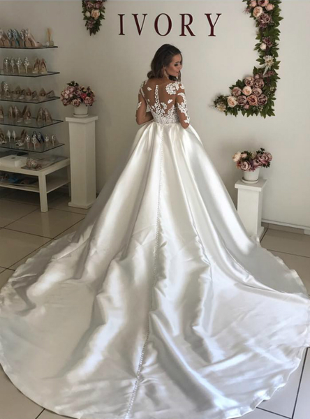 Shop Vintage Long Sleeve Appliques White Ball Gown Satin Wedding Dress With Train Under 200