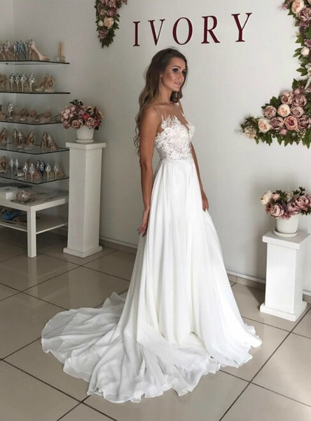 Shop Cheap Appliques See Through A-Line White Chiffon Boho Wedding Dress Under 200