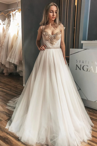 Unique A-Line Crystals Long Wedding Dress with Champagne Ribbon