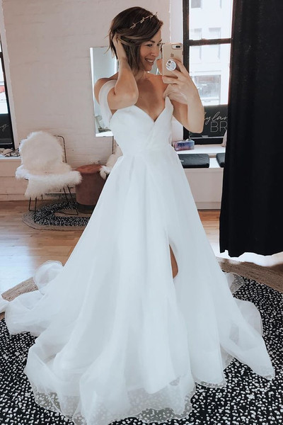 Shop Cheap Tulle Ruffled Simple Off the Shoulder Wedding Dress with Split