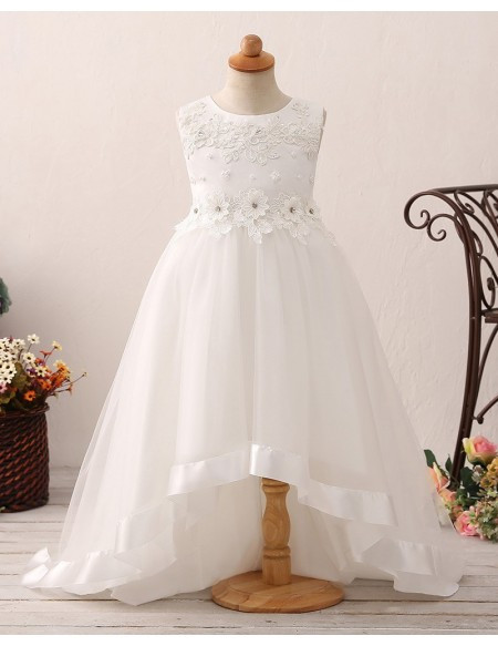 Princess Lace Beading Bodice High Low Ivory Flower Girl Dress