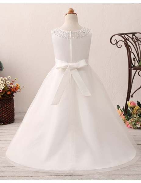 Pleated Beading Neck Ivory Floor Length Flower Girl Dress 
