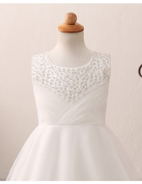 Pleated Beading Neck Ivory Floor Length Flower Girl Dress 