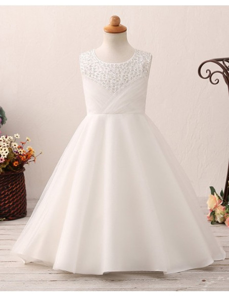 Pleated Beading Neck Ivory Floor Length Flower Girl Dress 