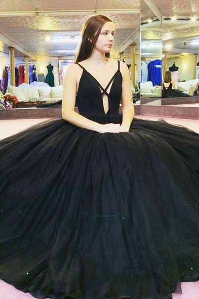 Shop Cheap Tulle Keyhole Floor Length Spaghetti Straps Black Long Prom Dress under 150