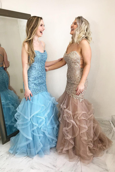 Shop Unique Gold Cascading Ruffles Mermaid Prom Gown with Open Back under 200