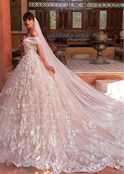 Shop Luxury Tulle Off-the-shoulder 3D Lace Appliques Ball Gown Wedding Dress Under 400