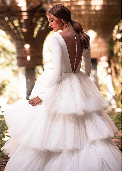 Spandex & Tulle V-neck Long Sleeves Ball Gown Wedding Dress