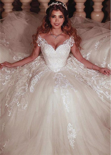 Shop Cheap Tulle V-neck Appliques Ball Gown Wedding Dresses With Beading under 300