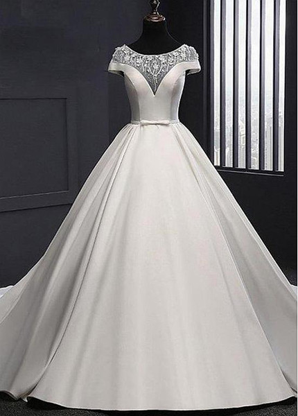 Shop Elegant Satin Scoop Long Train A-line Wedding Dress With 3D Flowers Under 200