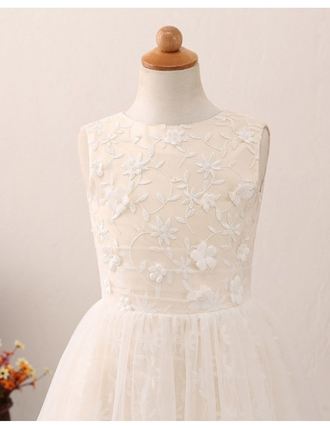 Hole Back Champagne Tulle Lace Flower Girl Dress