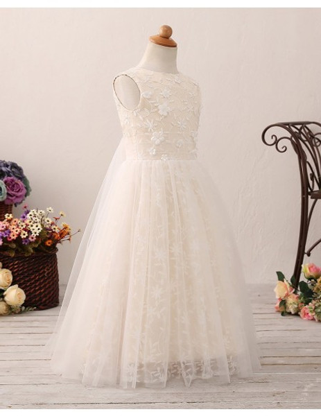 Hole Back Champagne Tulle Lace Flower Girl Dress