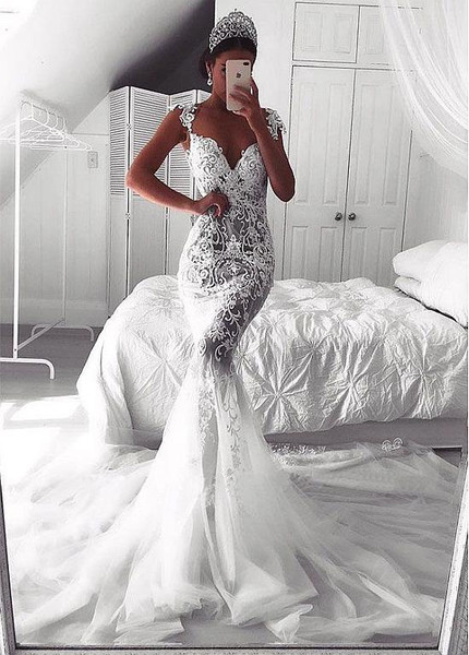 Shop Sexy Tulle Sweetheart Lace Appliques See-through Mermaid Wedding Dress under 200