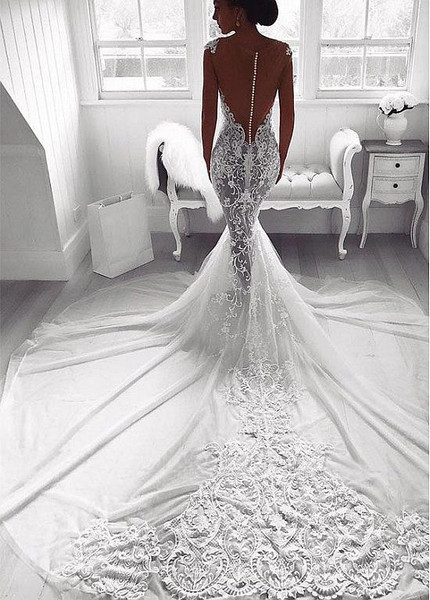 Shop Sexy Tulle Sweetheart Lace Appliques See-through Mermaid Wedding Dress under 200